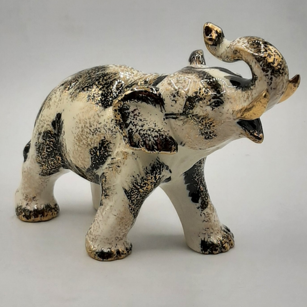 Vintage ESD Lefton MCM Elephant Trunk Up Gold Black White W2064 5 1/2 Tall Japan